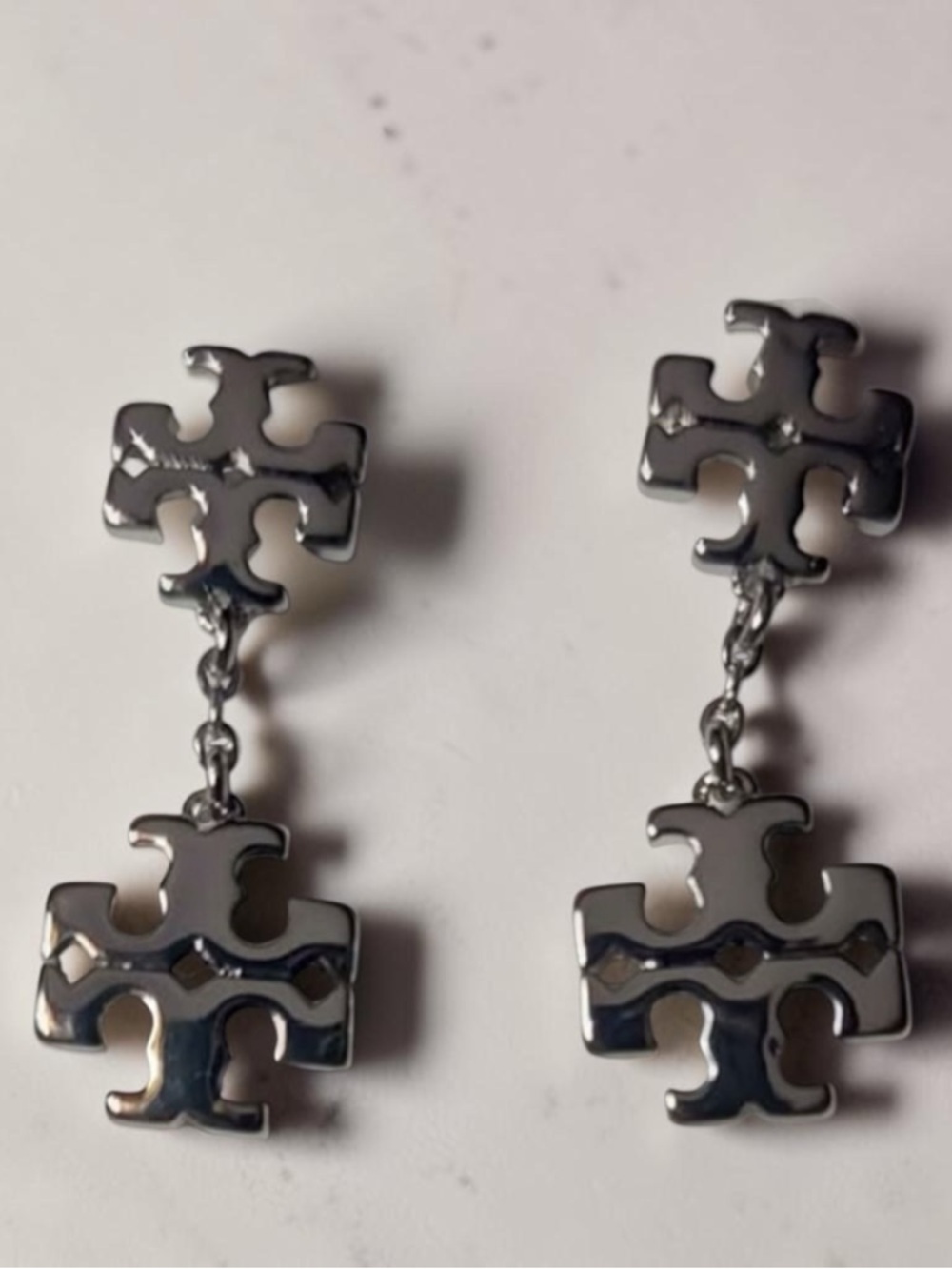 Tory Burch Silver Double-Logo Dangle Earrings - Picture 2 of 4
